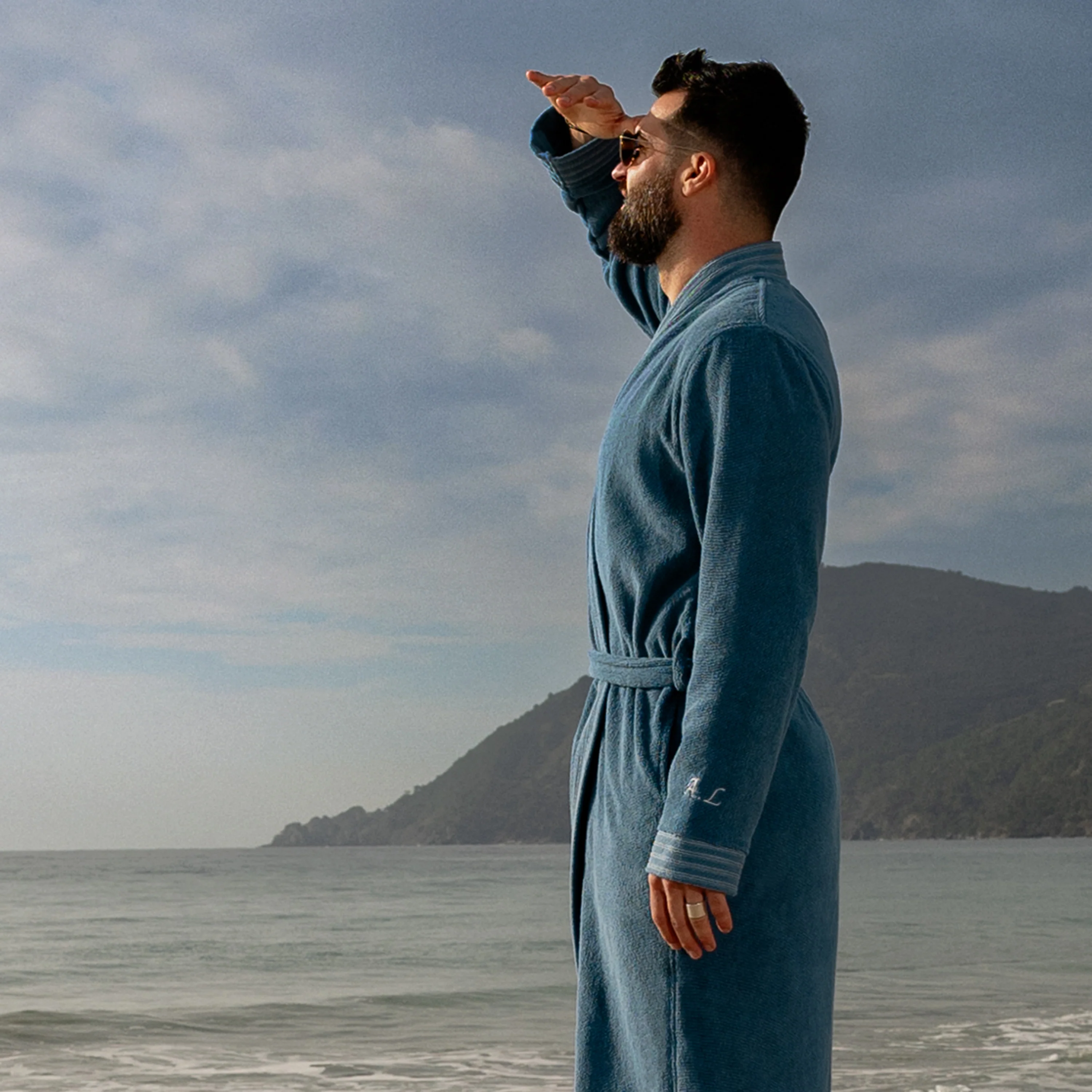 Demilune Men's Cotton Bathrobe - Denim Blue - Image 4