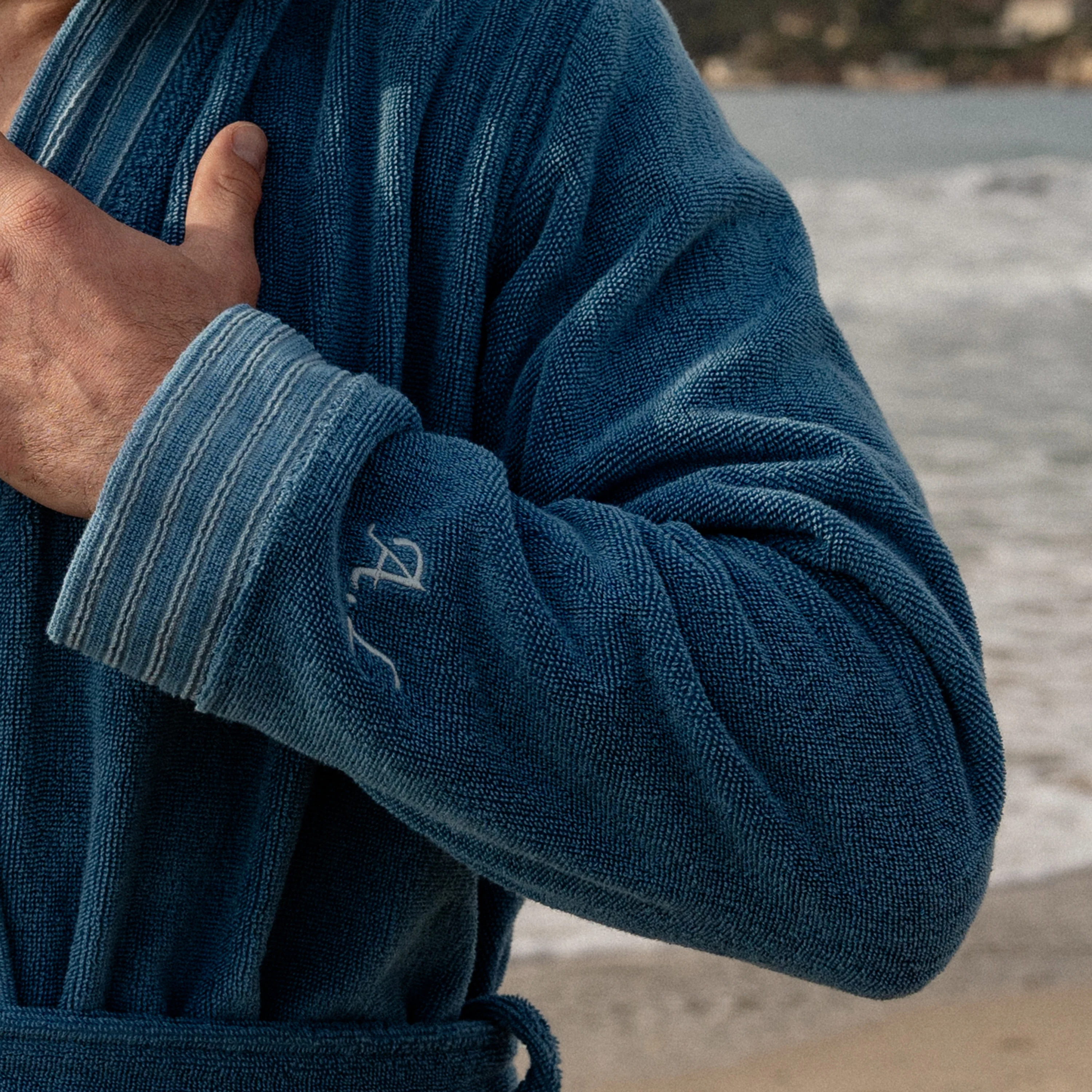 Demilune Men's Cotton Bathrobe - Denim Blue - Image 5