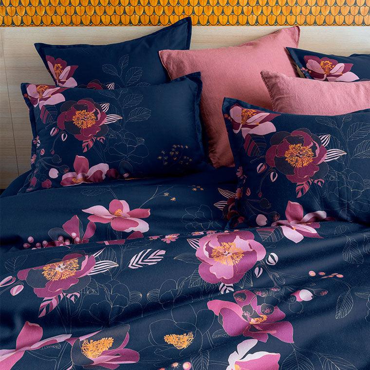 Square Pillowcase in Cotton Satin Divine Night Blue Floral - Image 3